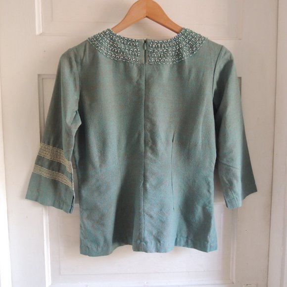 Tarsian & Blinkley Green 100% Raw Silk Beaded Afghan Top S - Picture 8 of 11